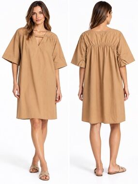 Gracia Camel Tan Oversized V-Neck Gathered Midi Shift Dress Size L